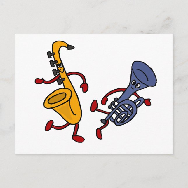 DY - Saxophon und Trumpet Dancing Cartoon Postkarte (Vorderseite)