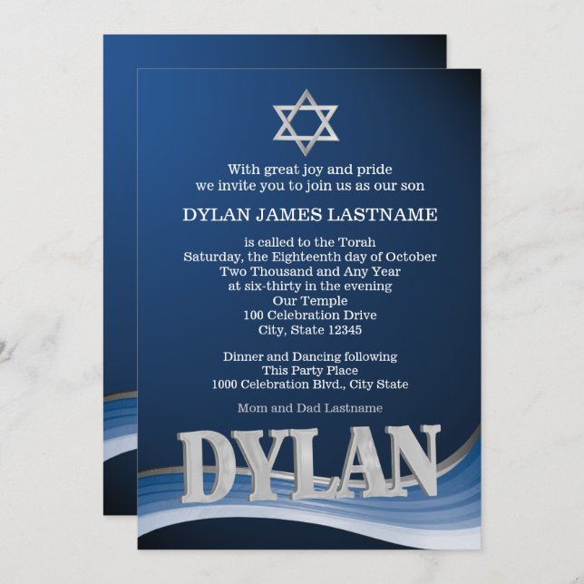 Dylan Steel Wave Name Bar Mitzvah Einladung (Vorne/Hinten)