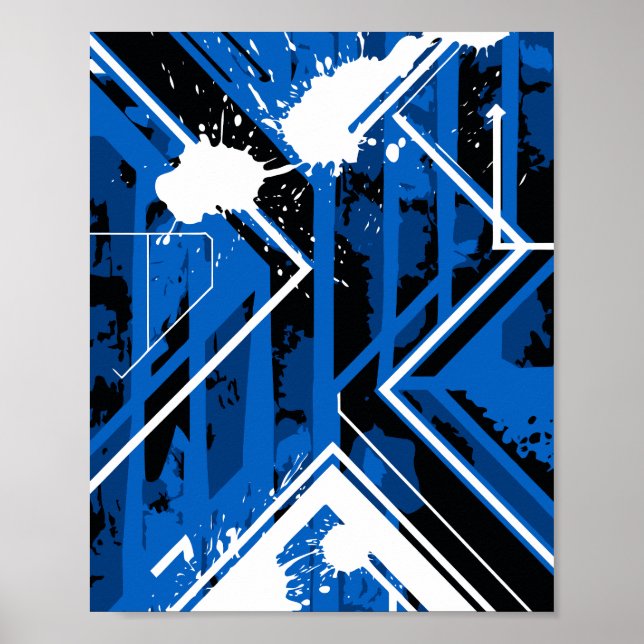 Dynamic Blue Geometry with White Paint Splashes Poster (Vorne)