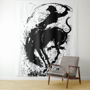 Dynamic Cowboy Rodeo Silhouette Art Wandteppich