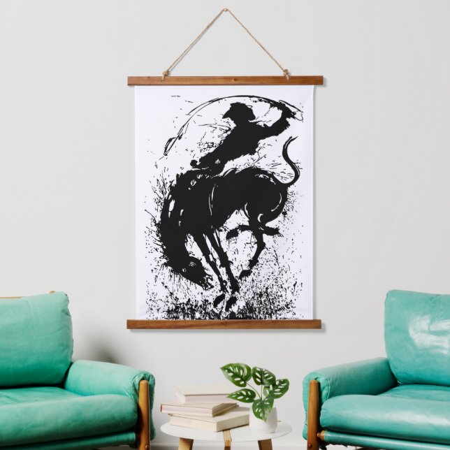 Dynamic Cowboy Rodeo Silhouette Art Wandteppich Mit Holzrahmen (Wohnzimmer)