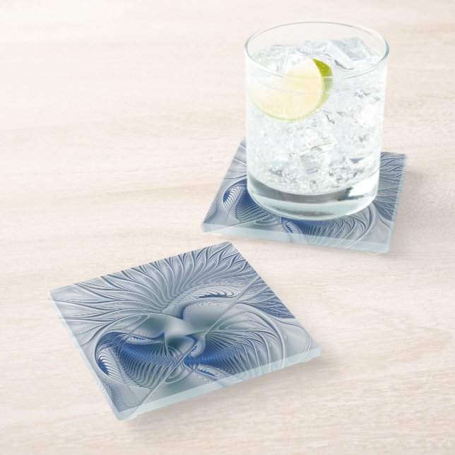 Dynamic Fantasy Abstrakt Blue Tones Fraktal Art Glasuntersetzer (Schrägansicht)