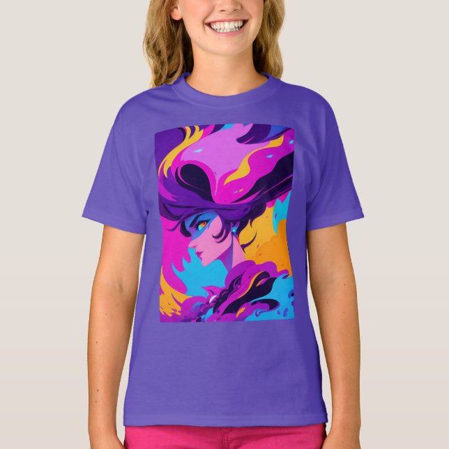 Dynamic Female Anime Profile In Bright Pinks T-Shirt (Vorderseite)