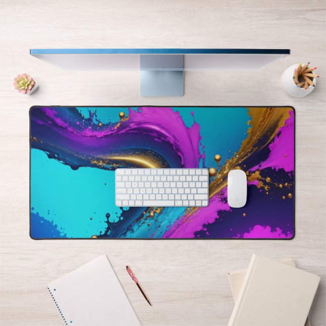 Dynamic Liquid Abstract, Gold Teal Black & Purple Schreibtischunterlage (Büro 1)