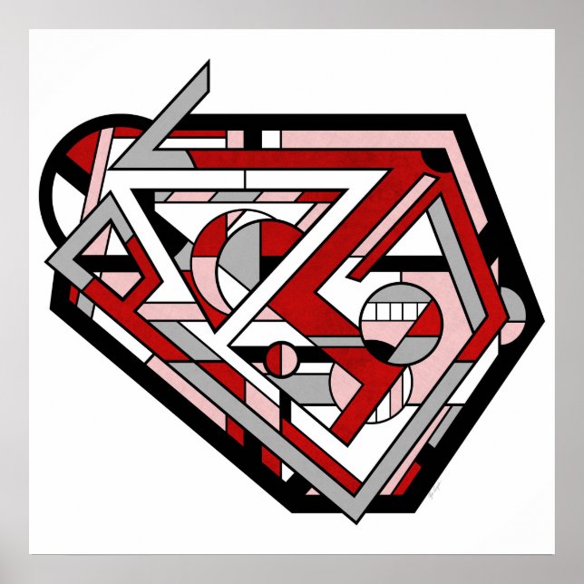Dynamic Red Gray Geometric Abstrakt Heart Design Poster (Vorne)