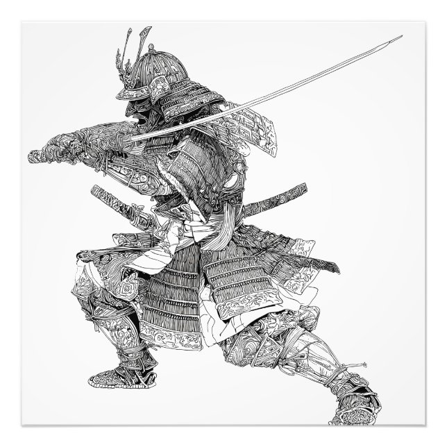 Dynamic Schwarz-weiß Samurai Warrior Zeichnend Fotodruck (Vorne)