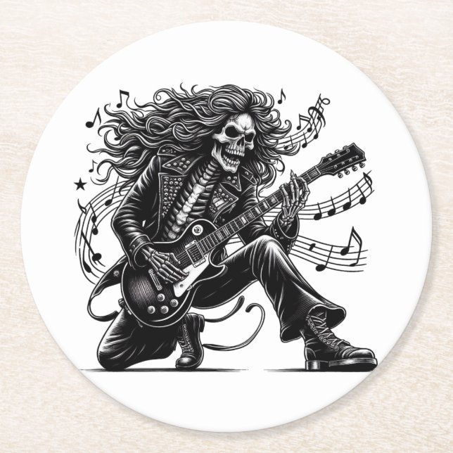 Dynamic Skeleton Rockstar Playing Electric Guitar Runder Pappuntersetzer (Vorderseite)