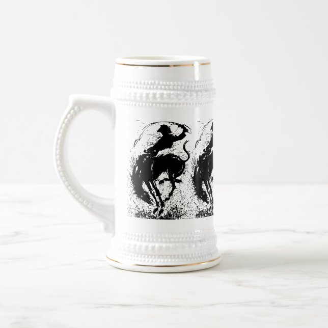 Dynamische Cowboy-Rodeo-Silhouetten-Kunst Bierglas (Links)