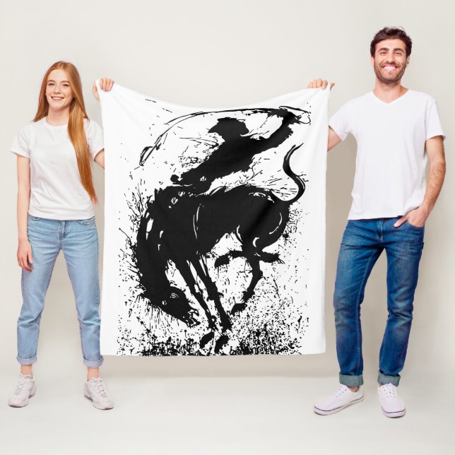 Dynamische Cowboy-Rodeo-Silhouetten-Kunst Fleecedecke (Beispiel)