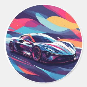 Dynamische futuristische Sportwagenillustration Runder Aufkleber
