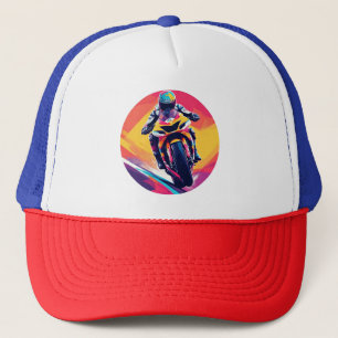 Dynamische Illustration eines Motorradrennfahrers Truckerkappe