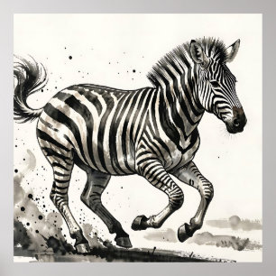 Dynamische laufende Zebra-Tinte-Kunst Poster