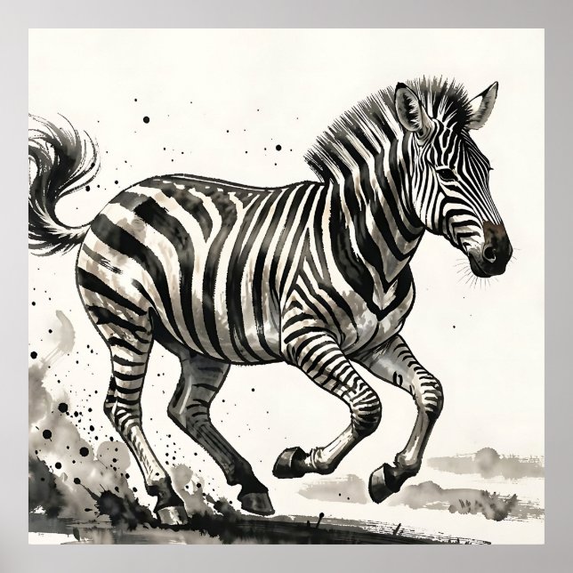 Dynamische laufende Zebra-Tinte-Kunst Poster (Vorne)