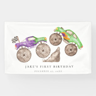 Dynamische Lila Grüne Monster Trucks Geburtstag Banner