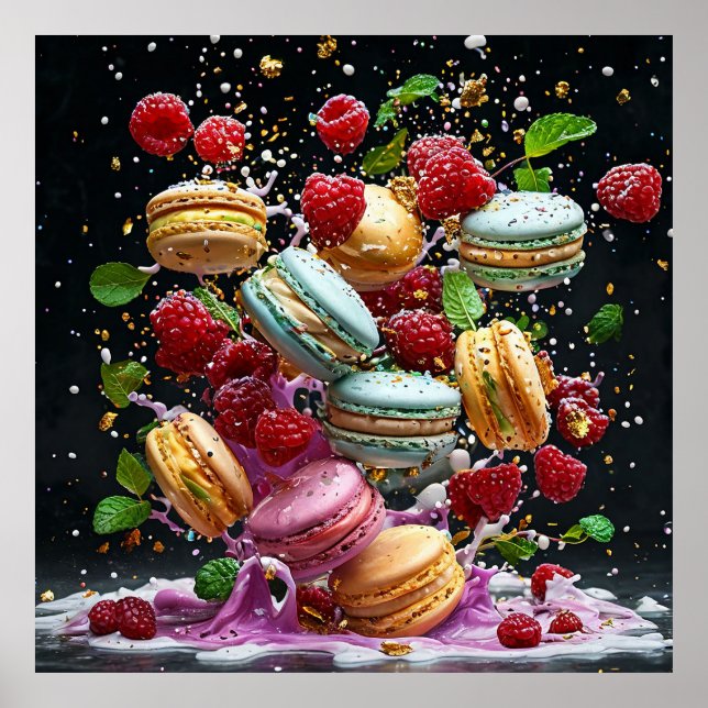 Dynamische Macaronszene in explosionsartiger Farbe Poster (Vorne)