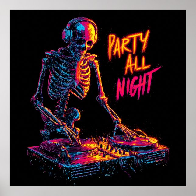 Dynamische Neon-farbige Skeleton DJ Spinning Platt Poster (Vorne)