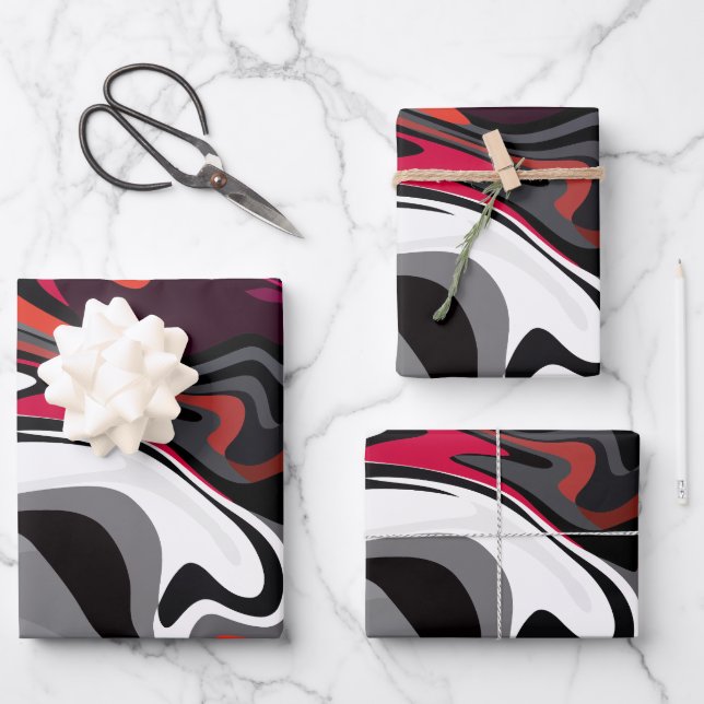 Dynamischer Abstrakter Swirl aus Rot, Schwarz, Wei Geschenkpapier Set (Vorderseite)