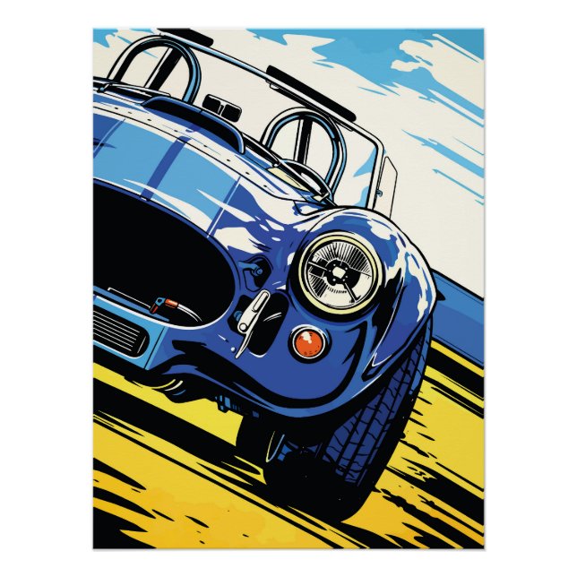 Dynamischer blauer Roadster Pop-Art-Dash Poster (Vorderseite)