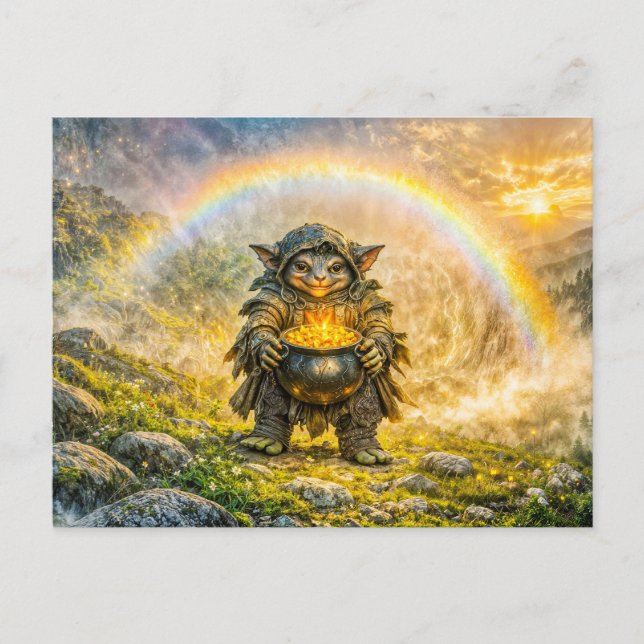 Dynamischer Fantasy-Kobold mit Regenbogengoldtopf Postkarte (Vorderseite)