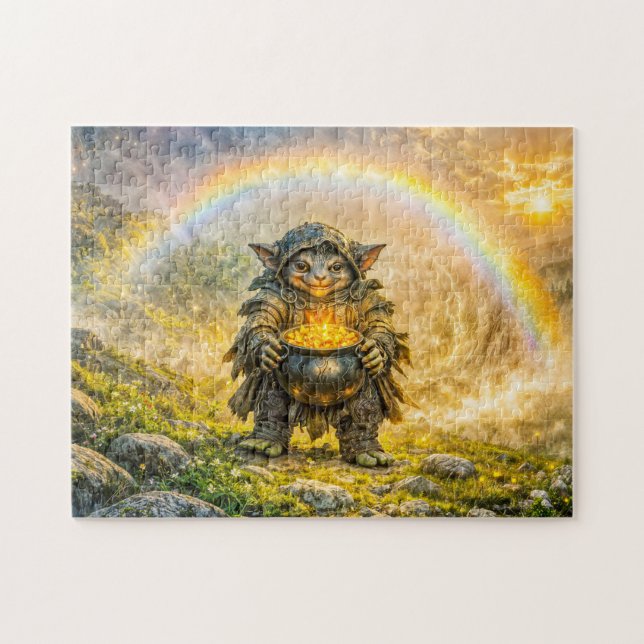 Dynamischer Fantasy-Kobold mit Regenbogengoldtopf Puzzle (Horizontal)
