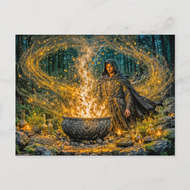 Dynamischer Fantasy-Zauberer mit leuchtendem magis Postkarte (Vorderseite)