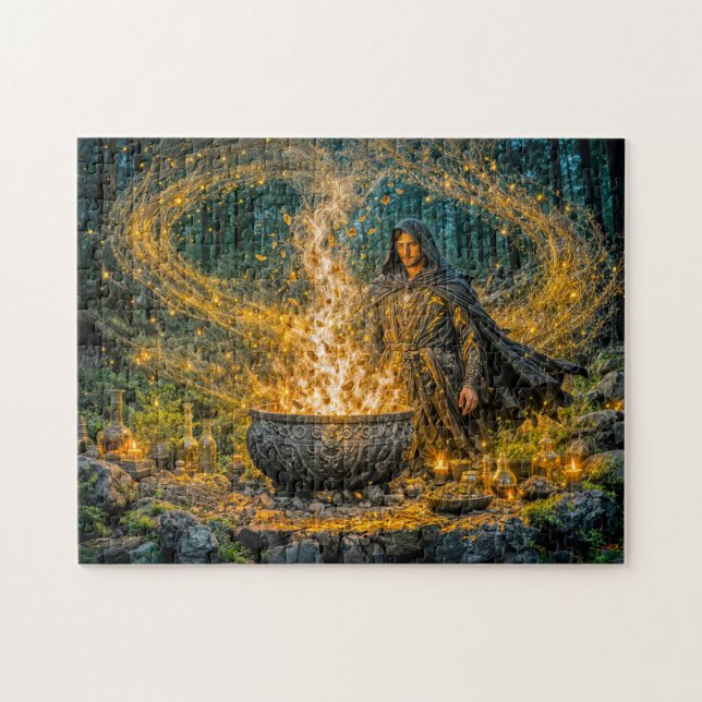 Dynamischer Fantasy-Zauberer mit leuchtendem magis Puzzle (Horizontal)