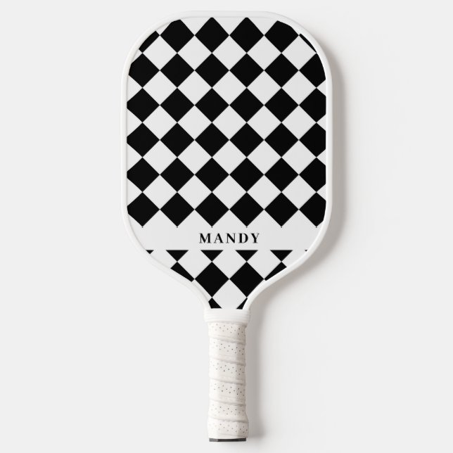 Dynamischer Schwarz-Weiß-Diagonal-Schachbrett-Name Pickleball Schläger (Vorderseite)