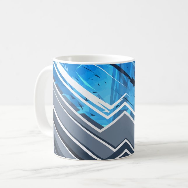 Dynamisches Blaues Abstraktes Geometrisches Streif Kaffeetasse (Vorderseite Links)