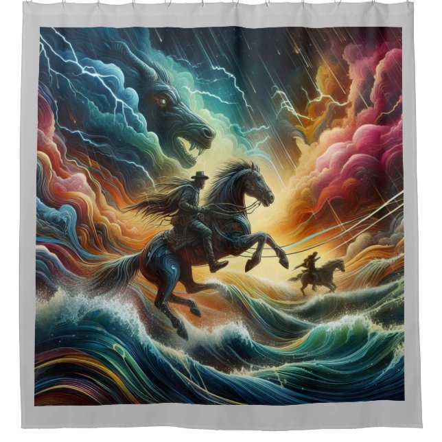 Dynamisches Duo: Stormy Horseback Adventure Duschvorhang (Vorderseite)