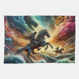 Dynamisches Duo: Stormy Horseback Adventure Geschirrtuch