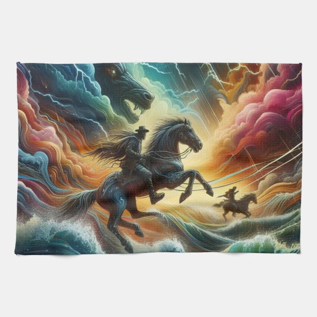 Dynamisches Duo: Stormy Horseback Adventure Geschirrtuch (Horizontal)