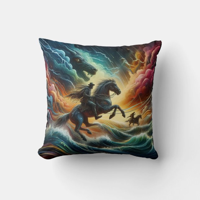 Dynamisches Duo: Stormy Horseback Adventure Kissen (Vorderseite)