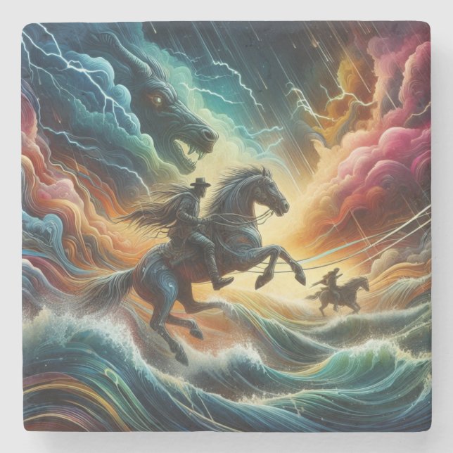 Dynamisches Duo: Stormy Horseback Adventure Steinuntersetzer (Vorderseite)