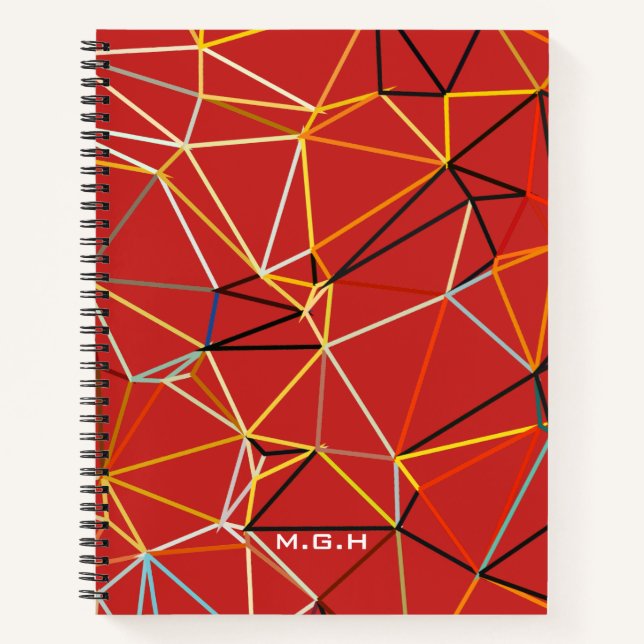 Dynamisches rotes abstraktes geometrisches Monogra Notizbuch (Vorderseite)