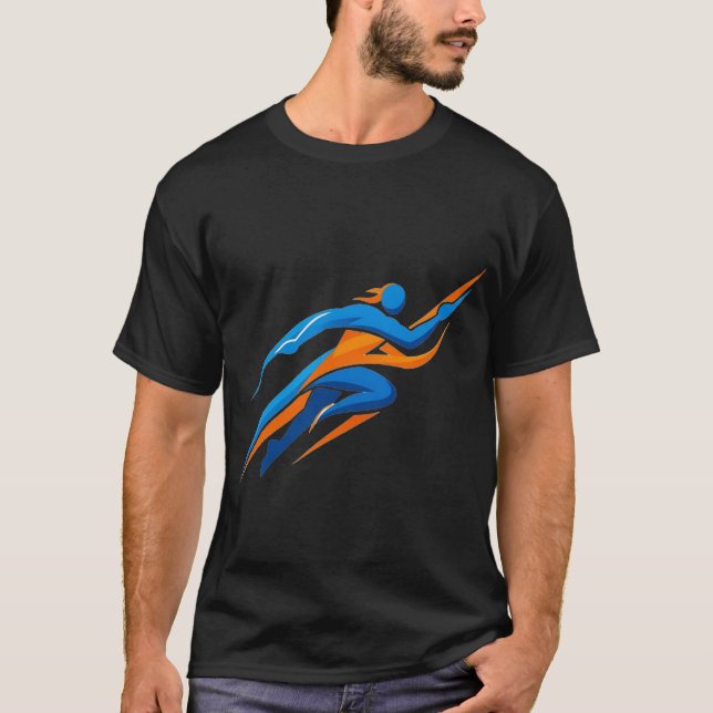 Dynamisches Runner-Logo Blau Orange Geschwindigkei T-Shirt (Vorderseite)