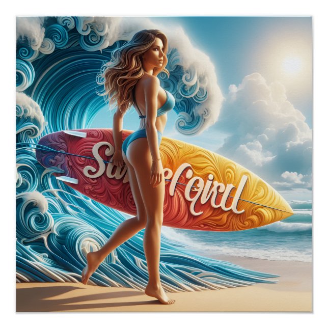 Dynamisches Surfer Girl Walking Beach Waves Kunst Poster (Vorderseite)