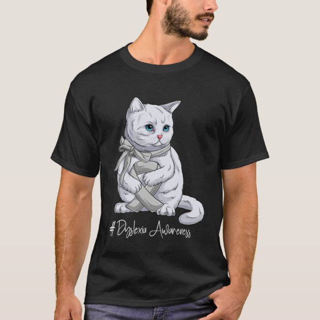 Dyslexia Awareness Month Silver Ribbon Cat T-Shirt (Vorderseite)