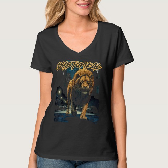 Dystopian Lion Walking In The Streets T-Shirt (Vorderseite)