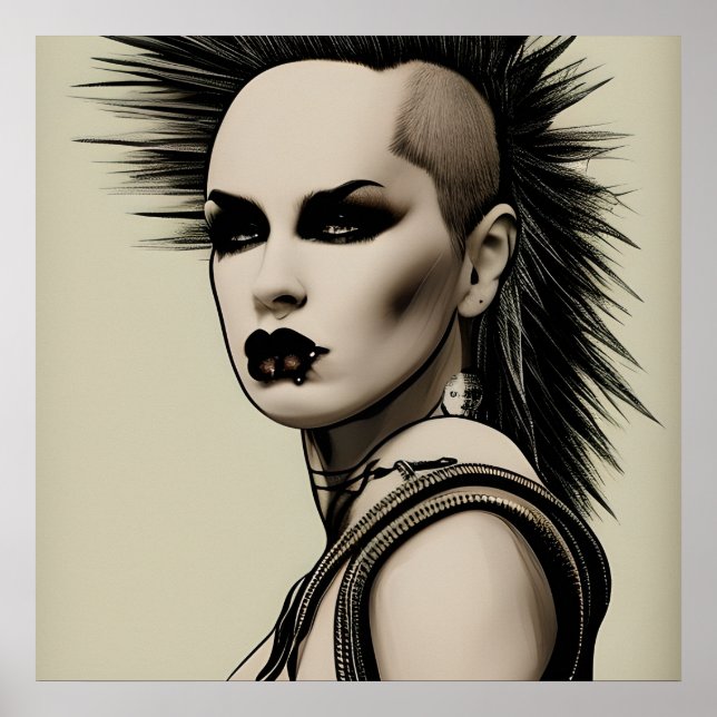 Dystopian Woman Punk Rocker Mohawk und Piercings Poster (Vorne)
