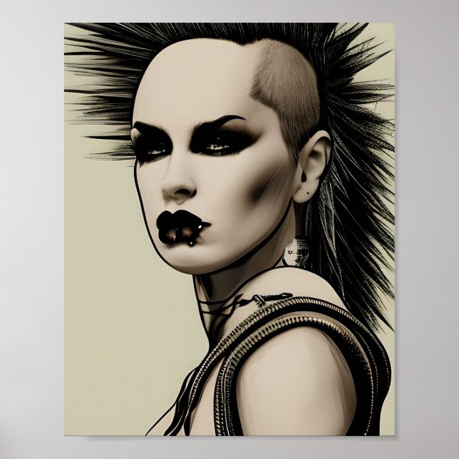 Dystopian Woman Punk Rocker Mohawk und Piercings Poster (Vorne)