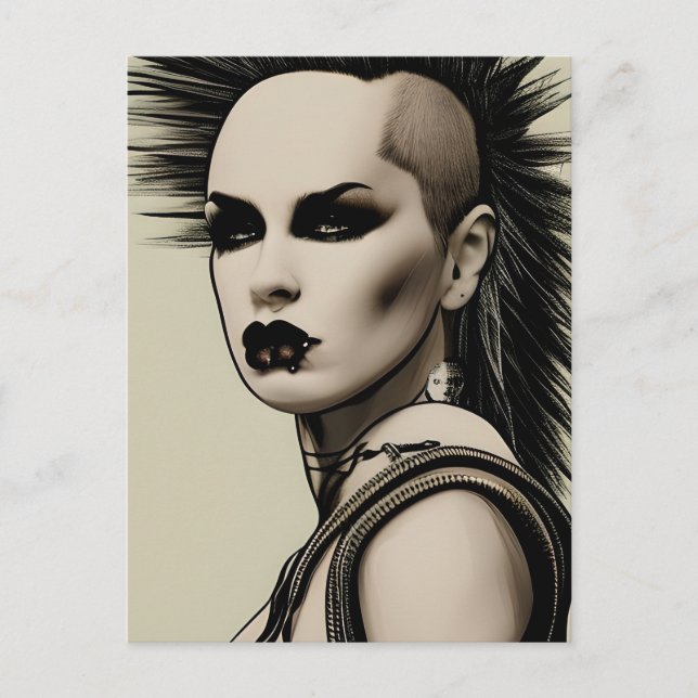 Dystopian Woman Punk Rocker Mohawk und Piercings Postkarte (Vorderseite)