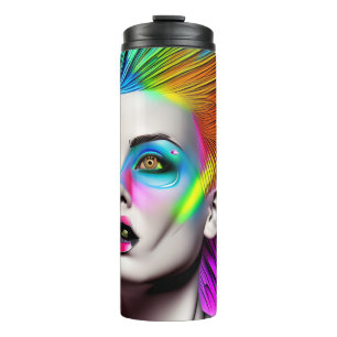 Dystopische Frau in Rainbow Mohawk Abstrakt Modern Thermosbecher