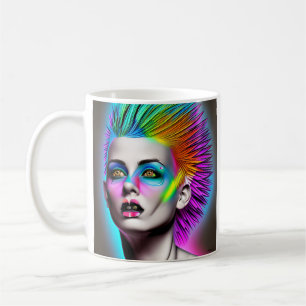 Dystopische Frau mit Regenbogen-Mohawk Abstrakte M Kaffeetasse