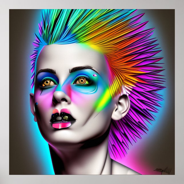 Dystopische Frau mit Regenbogen Mohawk Ai Art Poster (Vorne)