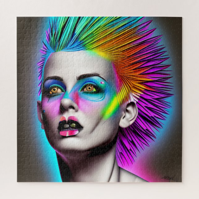 Dystopische Frau mit Regenbogen Mohawk Ai Art Puzzle (Vertikal)