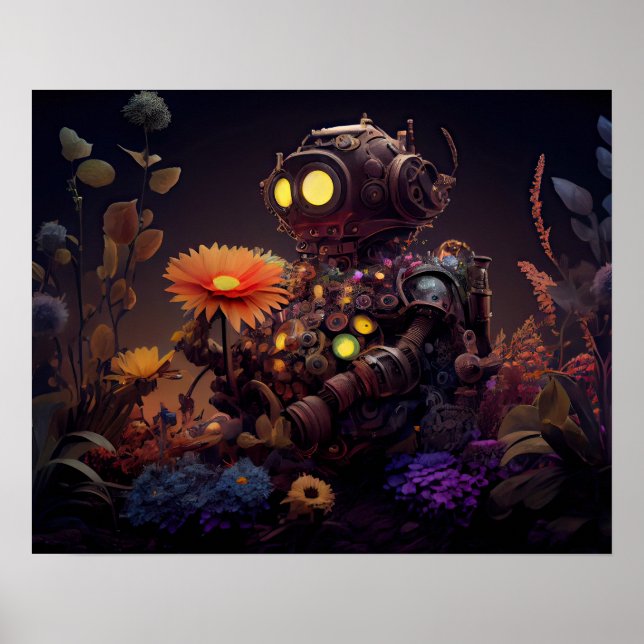 Dystopischer Roboter mit orangefarbener Blume Poster (Vorne)