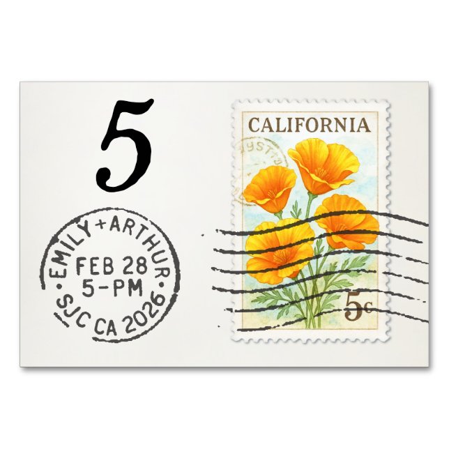 E&A Wedding Reception Table Card 5 CA Poppies Tischnummer (Vorderseite)