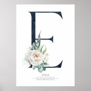 E Brief Monogramm Weiße Blumen und Grün Poster
