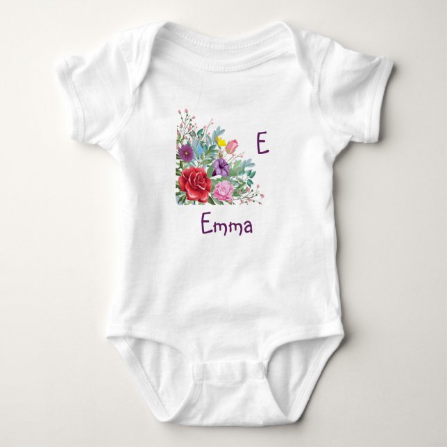 E-Emma personalisieren Buchstabenname, Rose-Blume Baby Strampler (Vorderseite)