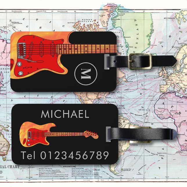 E-Gitarre personalisiert Gepäckanhänger (Fire electric guitar black personalized monogram travel luggage tag)